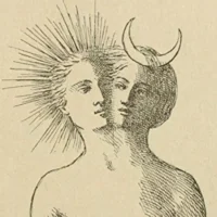 anima-gemella-perdono-relazioni-karmiche Rappresentazione alchemica di due volti uniti (Sole e Luna), simbolo del legame tra anime gemelle e dello scioglimento dei vincoli karmici.