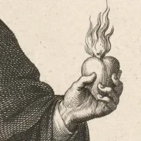 Lettura Akashica 14 - Il Cuore Fiammeggiante del Sopraffino Ardere Incisione antica di una mano che sorregge un cuore ardente con fiamme, simbolo del Sopraffino Ardere nella Lettura Akashica 14.