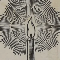 Un'illustrazione in stile xilografia di una candela accesa che emana un forte raggio di luce, simbolo dell'accettazione e della missione oracolare.
