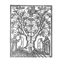 antenati-lignaggio-comunita-liberazione-anima Illustrazione di un antico albero genealogico simbolico, rappresentante il lignaggio ancestrale e la liberazione dell'anima nelle Letture Akashiche n. 83.