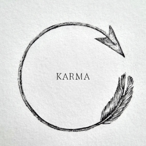 Illustrazione simbolica del karma e registri akashici: una freccia circolare che rappresenta la legge di causa effetto e si trasforma in una piuma, a indicare la guarigione e la leggerezza dell'anima