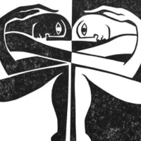 lettue dei registri akashici: Illustrazione simbolica in bianco e nero di due figure speculari che si intrecciano, rappresentando il prototipo di un archetipo e la manifestazione della forma dal vuoto per illustrare una delle Letture dei Registri Akashici di Dialoghi con l'Invisibile.